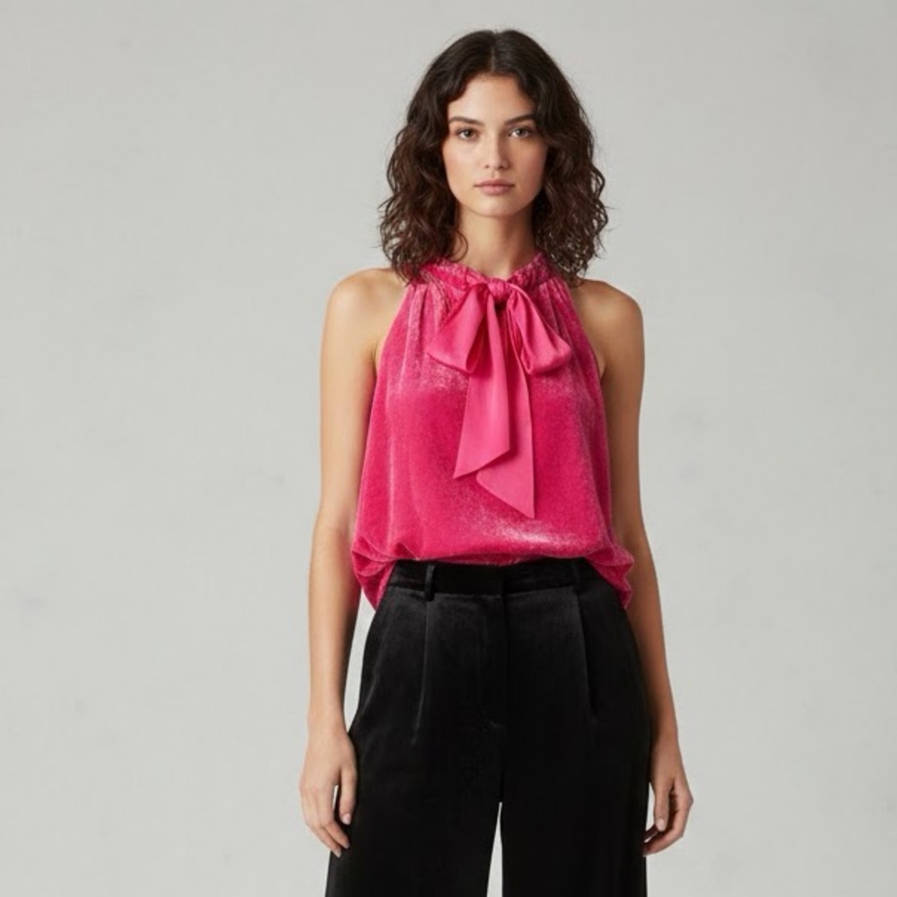 J.Crew Bright Pink Velvet Halter Top with Front Bow Detail Size M